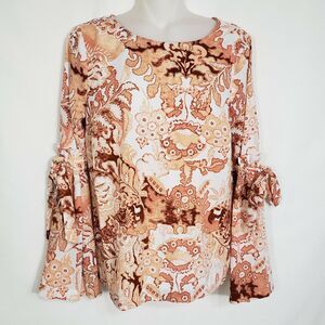 LC Lauren Conrad Womens Blouse Small Bell Sleeve Tie Boho Top Orange Polyester